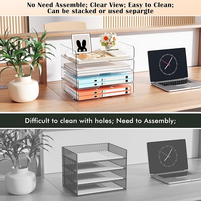 StorBin 4 Trays Paper Organizer Letter Tray, Acrylic Stackable Desk File Organizer, Clear Office Desk Organizer for File Paper, Ipad, Letter, A4 Office File, Books, Notes