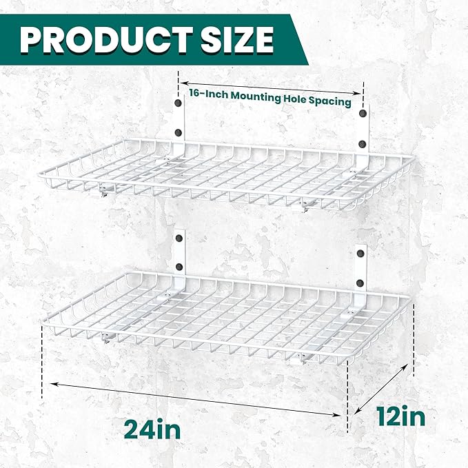 EVERHANGER Garage Wall Shelves 12x24 Inch, Wall Mounted Storage Shelf, Metal Shelf Rack, Heavy-Duty Shelf Organizer 2 Pack, White