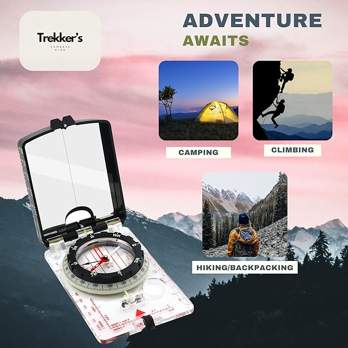 Trekker's Compass Crew Professional Military Lensatic Compass with Mirror, High-Precision Dial, Built-in Magnifier, Luminous Display for Hiking, Camping, Orienteering