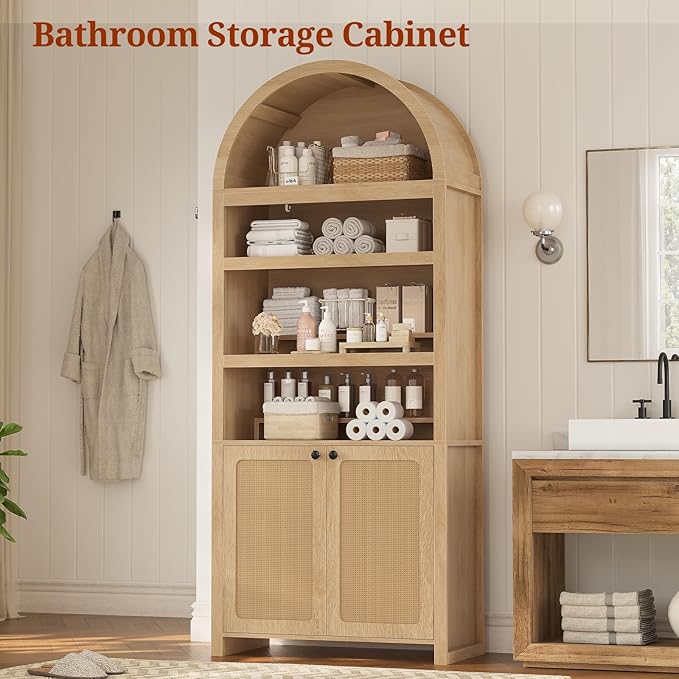 81" Tall Arched Cabinets,Bookcase with storage,Mid-Century Modern 6-Tier Bookshelf with Door,2 Book Risers and Adjustable Shelves offering more storage space for Living Room,Kitchen,Home Office,Oak
