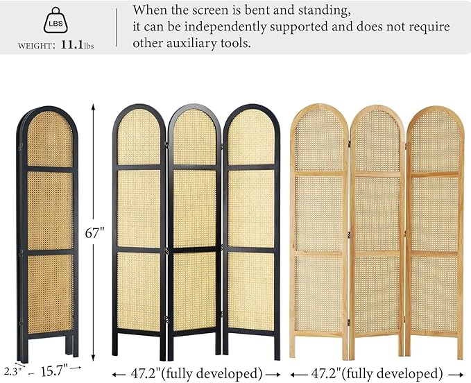 Svimi Room Divider and Folding Privacy Screens, Pine Wood 5.6 Ft Double Hinged Rattan Partition Freestanding Wall Room Divider for Home - 3 Panels