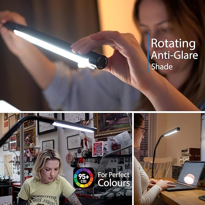 Electra™ Table Lamp: 3 Color Temperatures (Daylight 6000K/Cool 4000K/Warm 2700K), 95+ CRI LED, Dimmer Switch, Flexible Arm, Desk Lamp for Artists, Crafts & Office (Black, 2500 Lux at 12")