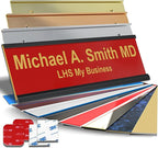 Personalized Name Plate with Choice of Mounting for Walls, Doors, Desk Holders, Cubicles, Hanging and More - Custom Red Plastic Gold Letters - USA Made 2x8 - B17