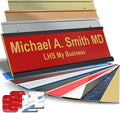 Personalized Name Plate with Choice of Mounting Holders for Walls, Doors, Cubicles, Hanging and More - Custom Red Plastic Gold Letters - USA Made 2x6 B17