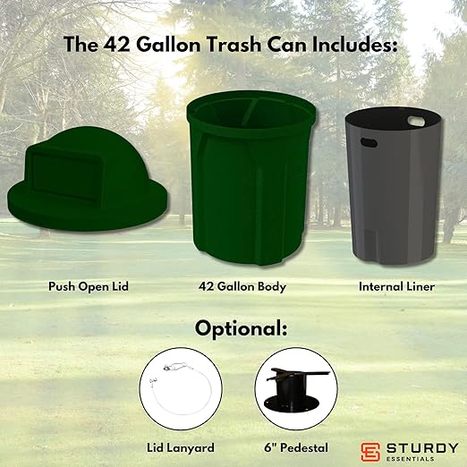 Campus Collection 42 Gallon Circle 100% Recycled Plastic Heavy Duty Outdoor Commercial Trash Can with Push Open Dome Lid and Internal Liner | Great for Schools and Businesses - Green Granite