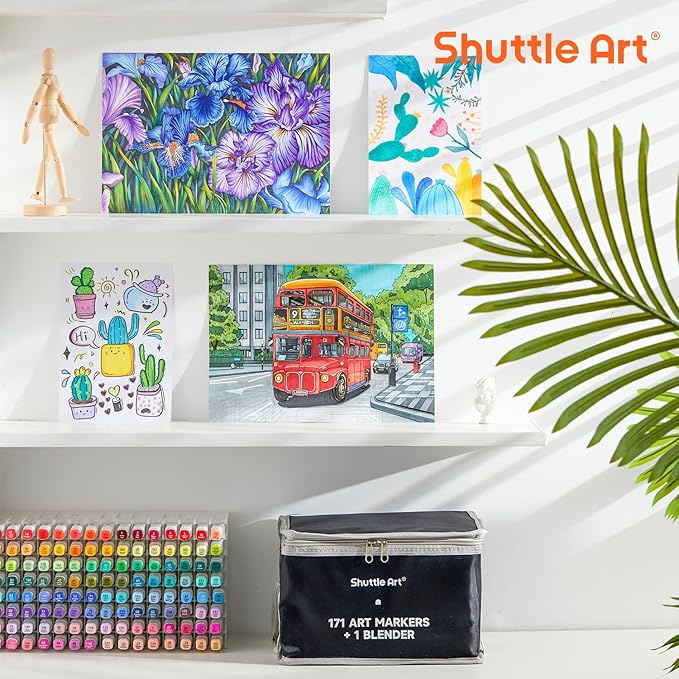 Shuttle Art 172 Colors Dual Tip Alcohol Based Art Markers,171 Colors plus 1 Blender Permanent Marker 1 Marker Pad with Case Perfect for Kids Adult Coloring Books Sketching and Card Making
