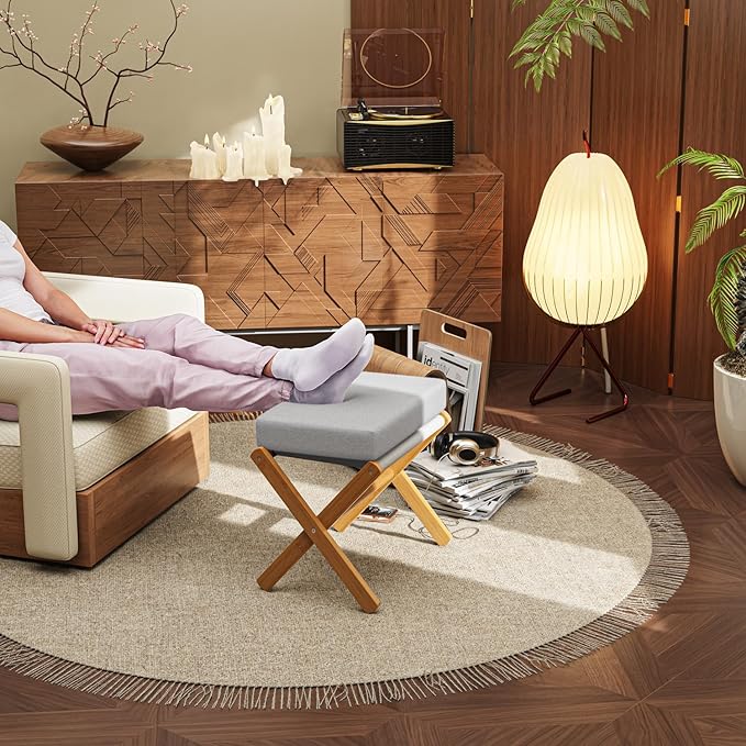 BAMBOOHOMIE Foldable Foot Stool Ottoman, Modern Foot Rest with Bamboo X Legs & Thick Foam Cushion, Folding Foot Stools Small Padded for Bedroom Living Room, Footstool for Chair Couch (Natural - Grey)
