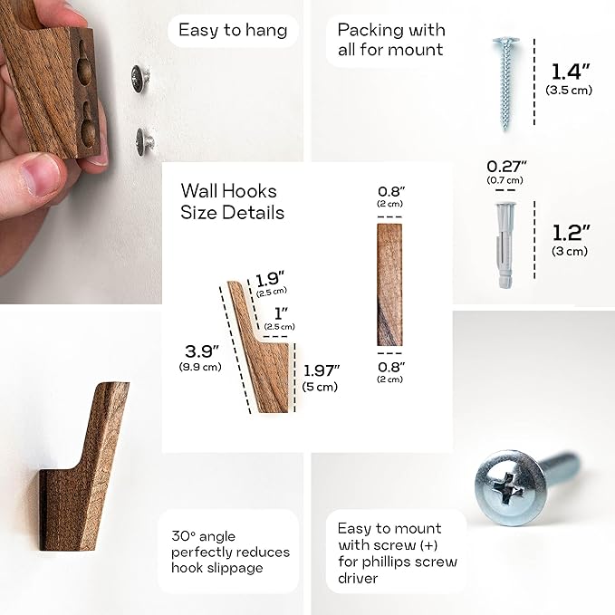 Wall Hooks - Set of 4 - Dark Walnut or Light Ash Wood Coat Hooks for Hanging Hat, Purse, Backpack, Bag, Jacket. Modern Farmhouse Decor for Wall and Practical Entryway Hooks (Walnut Wood)
