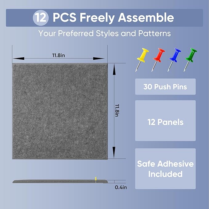VUSIGN Large Cork Board for Wall 47"x35", 12 Pack Bulletin Board, Felt Wall Tiles with Adhesive Tabs and Push Pins, Push Pin Board for Office, School, Home, Grey