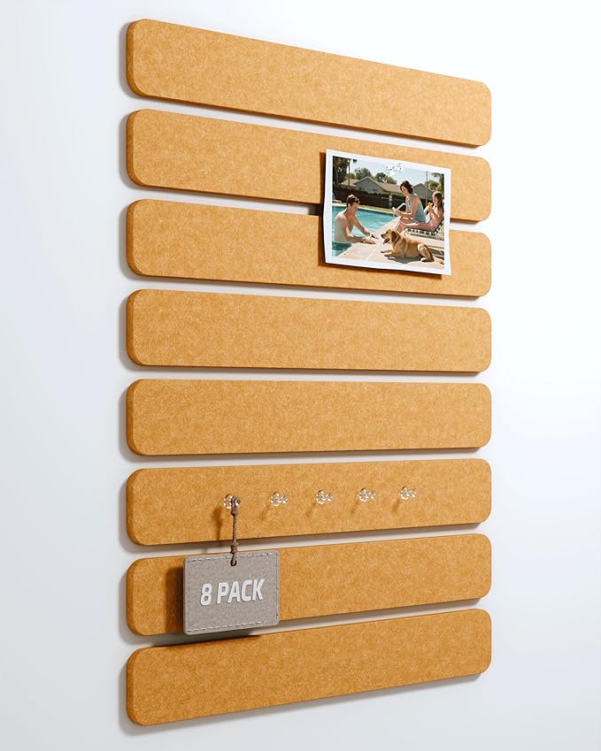 Fluxynara Cork Board Alternative Felt Strip Board 8-Pack 13"x2", Office Pin Board with 50 Push Pins, Adhesive Install for Bedroom Door & Home Office(Sunset Yellow)
