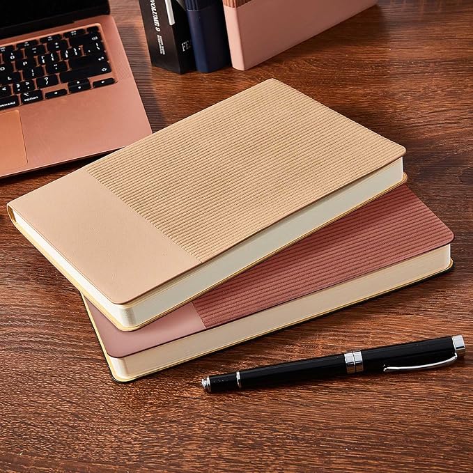 TSFPapier Lined Journal Notebook for Work College Ruled Note Book 5.79"x8.27" A5 PU Leather Daily Journaling 216 Pages for Women Men Writing Home School Supplies Business (Khaki/Darkpink)