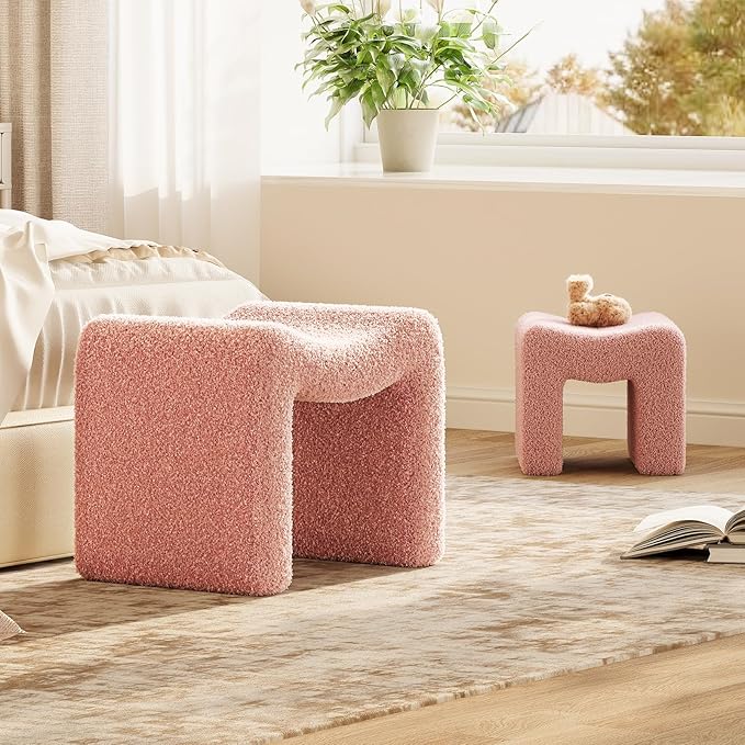 ZYKZYK Ottoman Set of 2, Plush Velvet Vanity Seats with Modern Foot Rest, Backless Stool Pair for Bedroom, Living Room & Makeup Dressing Table (2-in-1) Pink