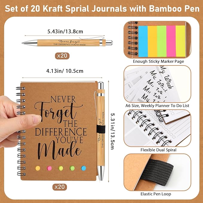 Moinchore 20 Sets Employee Appreciation Gift Inspirational Spiral Notebook with Bamboo Pen Sticky Note Thank You Valentines Day Gift for Coworker Office Staff Team Nurse Teacher (Never Forget)