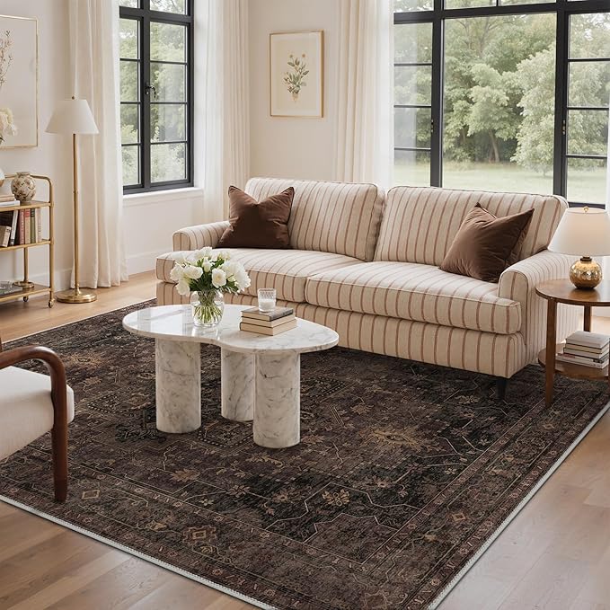 GENIMO 8x10 Area Rugs for Living Room, Machine Washable Rug, Non Slip Indoor Vintage Rug, Low Pile Lightweight Chenille Print Carpet for Bedroom Dining Room Home Office, Charcoal Brown