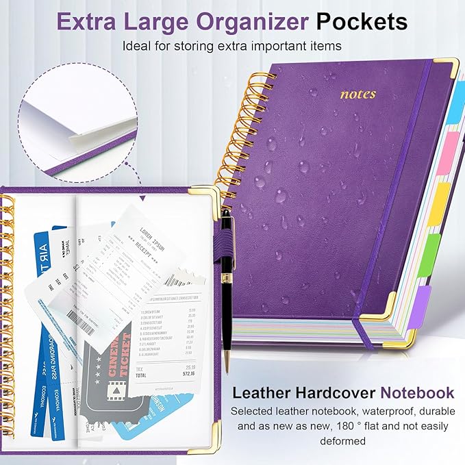 Hardcover Spiral Notebook 8"x10" Journal Notebook with Tabs and Removable Dividers 300 Pages 5 Subject Notebook College Ruled, Faux Leather Spiral Bound Notebook for Women School Work (Purple)