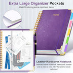 Hardcover Spiral Notebook 8"x10" Journal Notebook with Tabs and Removable Dividers 300 Pages 5 Subject Notebook College Ruled, Faux Leather Spiral Bound Notebook for Women School Work (Purple)