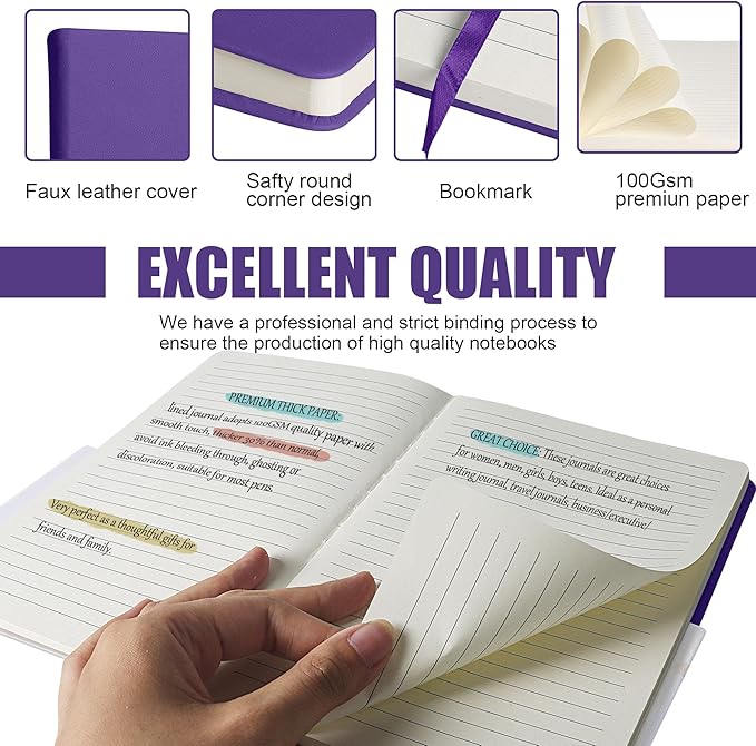 EMOMAS Lined Journal Notebook, 10Pack Hardcover Notebook for Men & Women – Journals for Writing, Work, School, Home & Daily Notes, 160 Pages – Medium A5, 5.7"x8", 100 gsm Thick Paper (Purple)