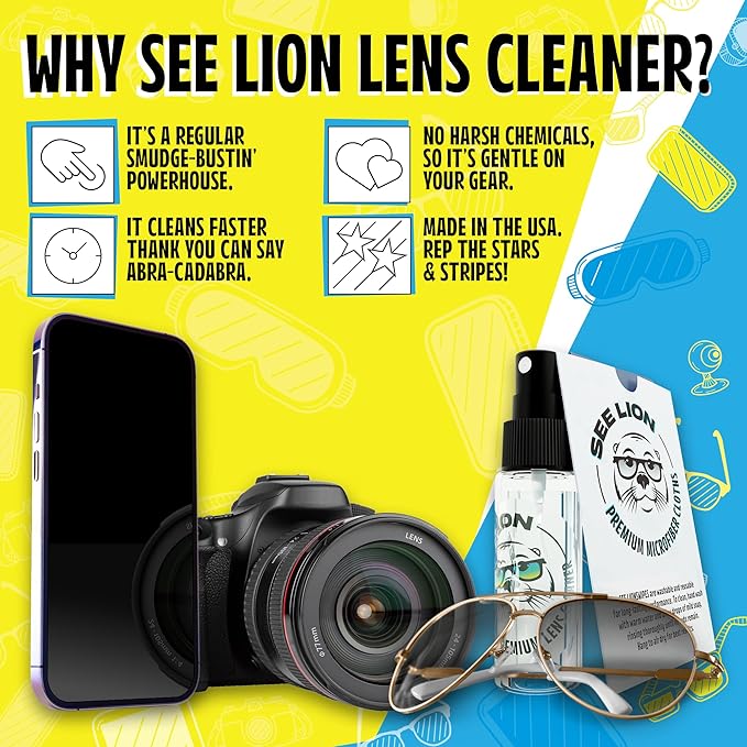 cellhelmet See Lion Premium Lens Care Bundle | Anti Fog Spray + Streak-Free Lens Cleaner with 2 Black Microfiber Cloths | Safe for Glasses, Goggles, Screens & Optics | Travel-Size 30ml / 1oz Bottles