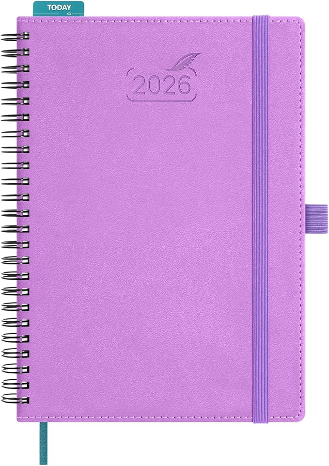 BEZEND 2026 Planner Weekly and Monthly (6" x 8.5" Spiral) Daily Calendar with Hourly Timeslots & Tabs (Jan-Dec) Note & Expenses, Pen Holder, Inner Pocket, Vegan Leather Softcover - Lavender