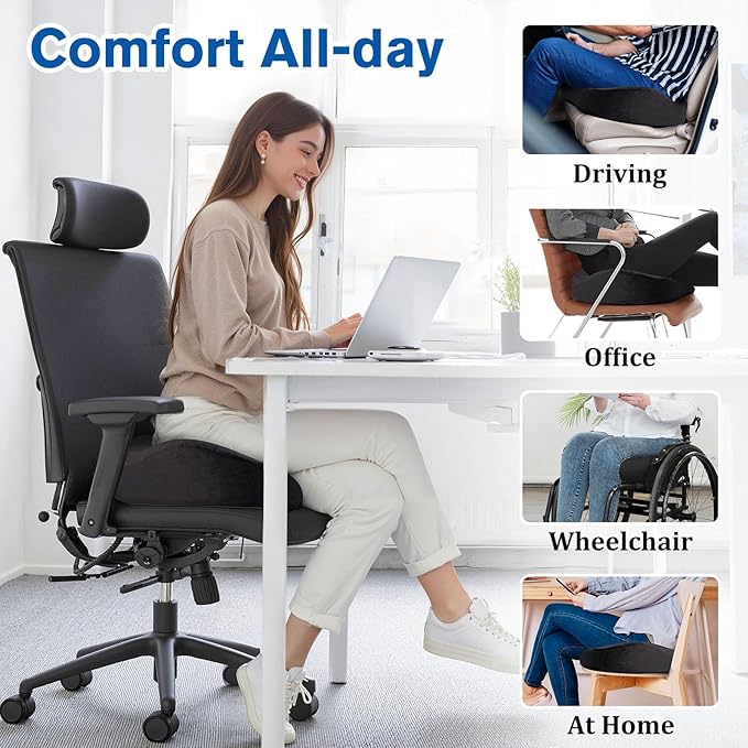 CushyOasis Seat Cushion, Gel Chair Cushions, Office Chair Cushions, Anti-Slip Bottom & Removable Cover Tailbone Pain Relief Cushion, Memory Foam Seat Cushion, 5.28 in Thick (Black)