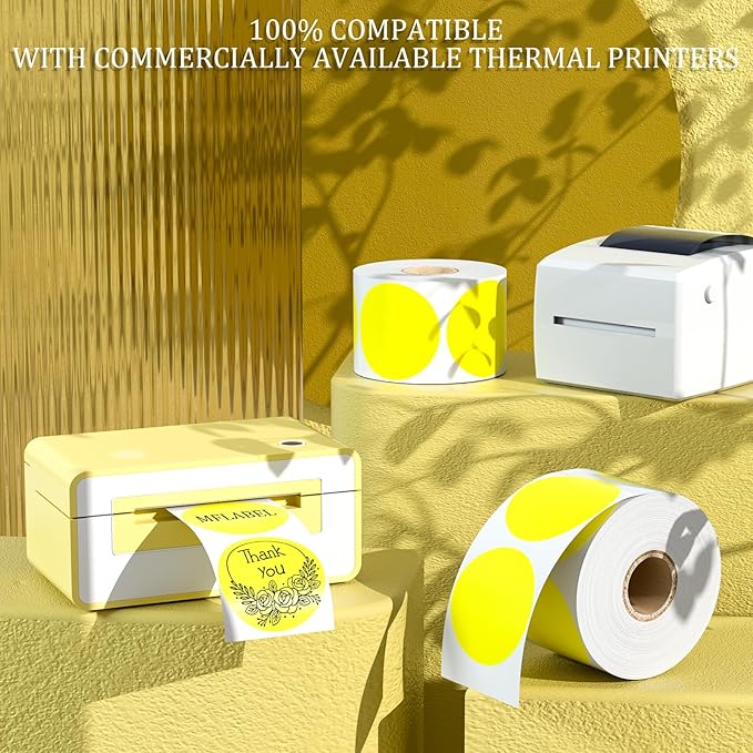 MFLABEL 2" 750 Yellow Circle Direct Thermal Stickers Labels Roll, Compatible with Zebra, Rollo, MUNBYN, Self-Adhesive Round Direct Thermal Labels