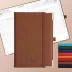 IN-luxpro Daily Planner 2026 with One Page Per Day,(A5-8.5" x 5.9"),12 Months Calendar Hourly Appointment Book Monthly Tabs & Self-adhesive Pen Holder,Inner Pocket, Vegan Leather Hardback,Brown