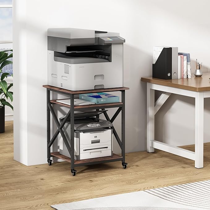 Fannova 23.6 x 23.6 Inches Large Printer Stand, 3 Tier Square Printer Table with Height Adjustable Storage Shelf, Rolling Printer Cart with Industrial Wheels for Home Office - Rustic Brown