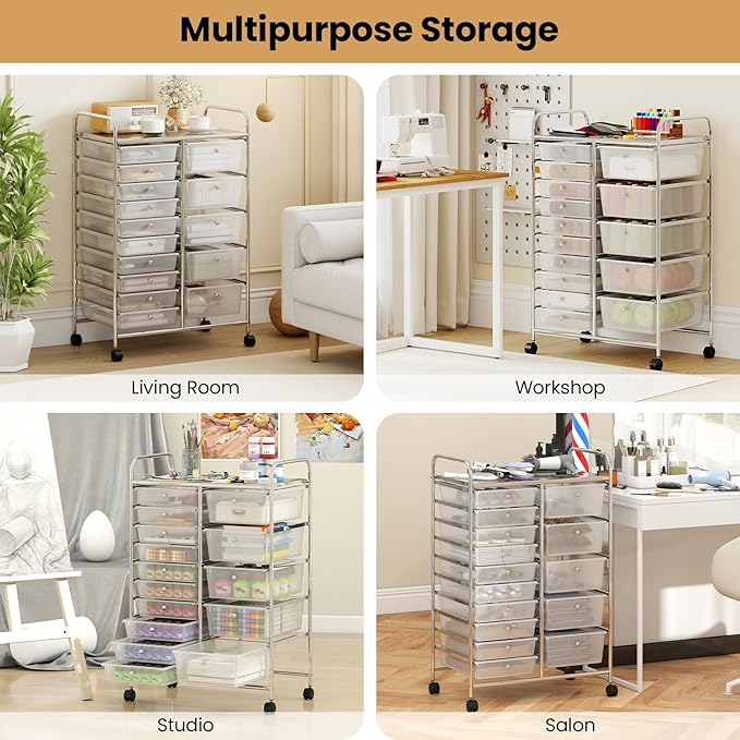 Giantex 15 Drawer Rolling Cart with Drawers, Storage Organizer Cart for Classroom Office School Teacher, Mobile Drawer Cart for Tools, Crafts, Small Printer, Clear