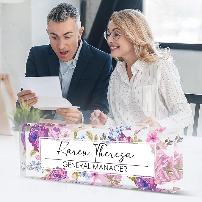 Custom Office Name Plate, Personalized Gifts for Women & Men, Appreciation Gifts for Employees, Boss, Teacher - Office Desk Accessory (Purple Hydrangea Flower)