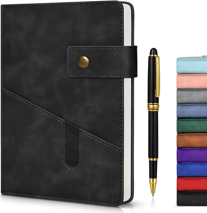 vfaejll Black A5 Lined Leather Journal Notebook for Men Women,5.9" X 8.4" Personalized Hardcover Journal with Pen,200 Pages 100 Gsm Thick Ruled Paper Daily Diary for School,Travel,Work,Writing