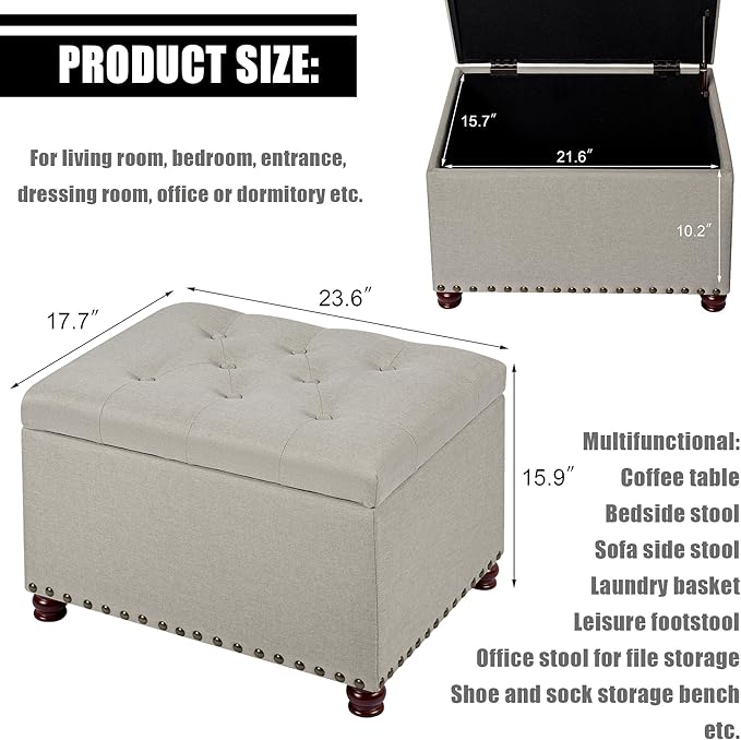 Decent Home Storage Ottoman, 24" Linen Fabric Rectangle Bench Foot Rest Stool, Fabric Footrest Ottomans with Storage, Storages Seats for Living Room, Bedroom, Office