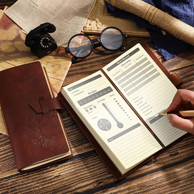 Eaasty 2 Pcs Leather Hunting Log Book Elk Hunting Journal Notebook for Men Designed for Huntsman to Record Hunt Details for Dad Husband Father's Day Birthday Gift, 96 Pages(Tan, Reddish Brown)