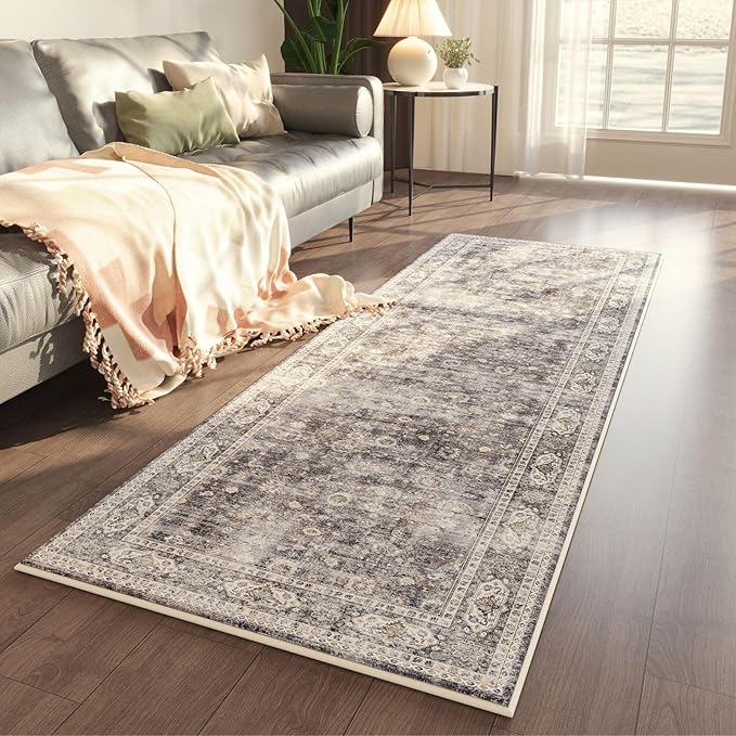 Rugcomf 2x5 Rug Runner -Vintage Machine Washable Kitchen Rug, Non-Slip Low Pile Boho Carpet for Hallways, Laundry, Entryway, Bedroom, Bathroom - Grey