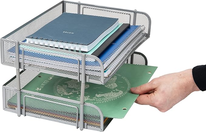 Mind Reader Stackable Paper Tray, Desktop Organizer, File Storage, Office, Metal Mesh, 13.5" L x 10" W x 7.25" H, 2 Pcs., Silver