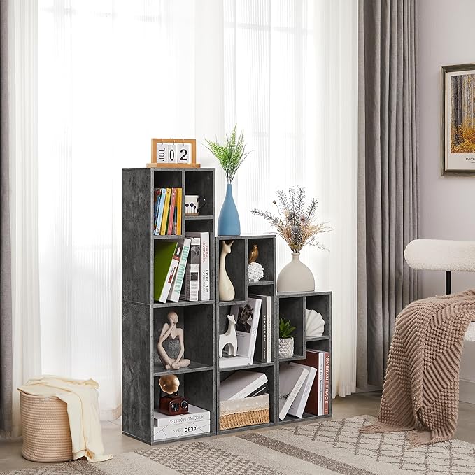 VECELO Narrow Bookshelf Set, Fits 9.3" × 10-12.8" Hardcovers, Cube Storage Bookcases, Free-Standing for Living Room, Bedroom, Home Office, 2/3/4-Tier, 3-Pack, Gray