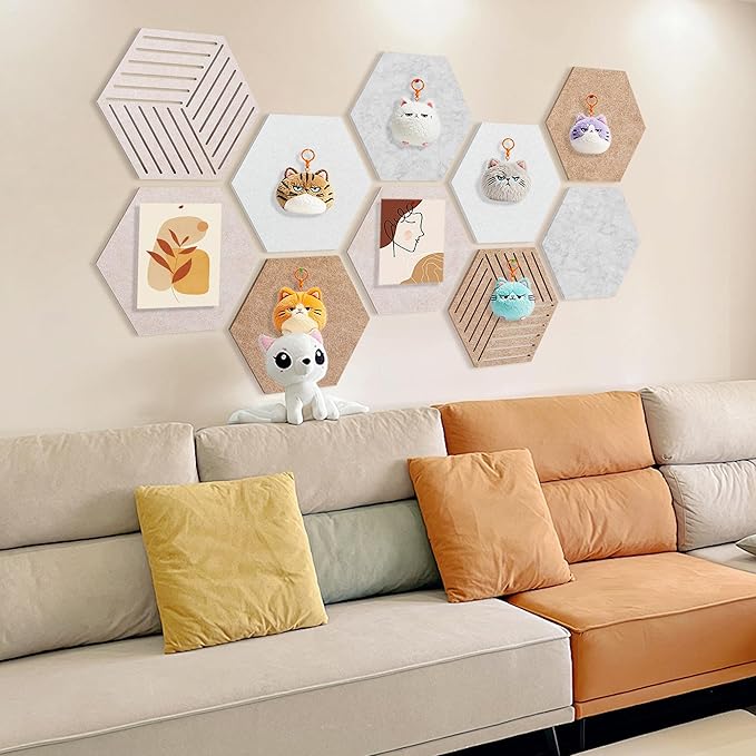 Fwpelt 15'' Large Hexagon Cork-Bulletin Board Tiles Adhesive Frameless 10 Pack 15 x 13 inch Hex Pin Corkboard Prayer Vision Cork Board for Office-Wall Decor, Hexagonal Tack Pinboard with 30 Push Pins