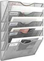 EasyPAG Hanging Wall File Organizer, 5 Pocket Wall Mounted Mail Organizer, Vertical Document Folder Holder with Nametag Label, Space Saving Paper Storage Magazine Rack for Office Home School, Silver
