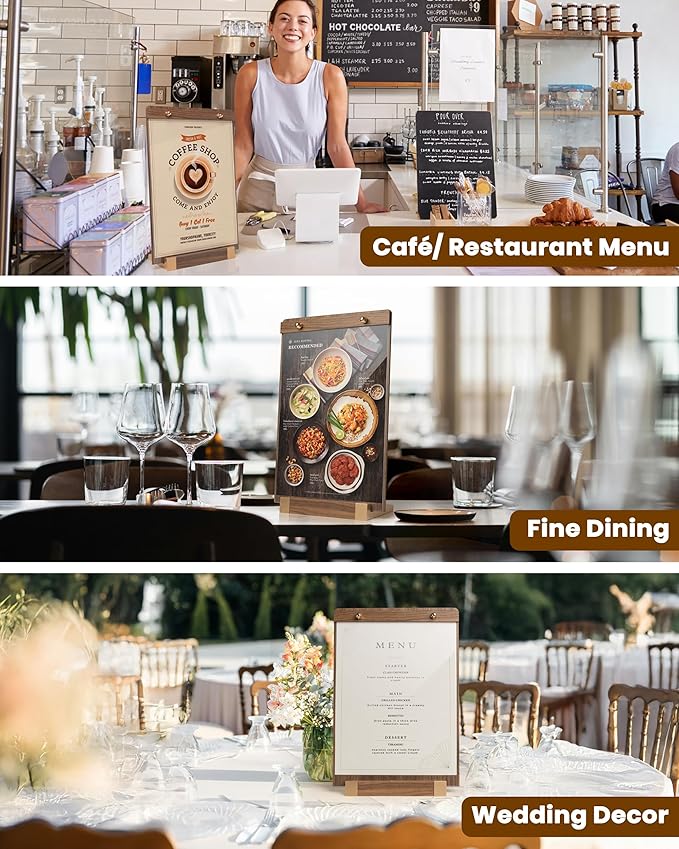 3Pack Acrylic Sign Holders 8.5 x 11 with Walnut Wood Base, Tabletop Clear Commercial Display Stand for Menu, Poster, Flyer, Table Paper Frame for Restaurant/Office/Coffee Shop Store Bar/Wedding/Hotel