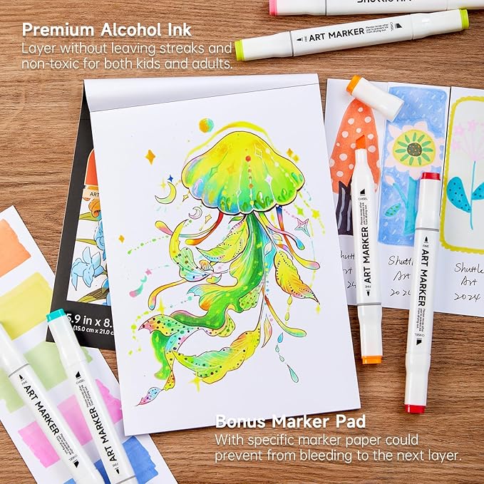Shuttle Art 172 Colors Dual Tip Alcohol Based Art Markers,171 Colors plus 1 Blender Permanent Marker 1 Marker Pad with Case Perfect for Kids Adult Coloring Books Sketching and Card Making