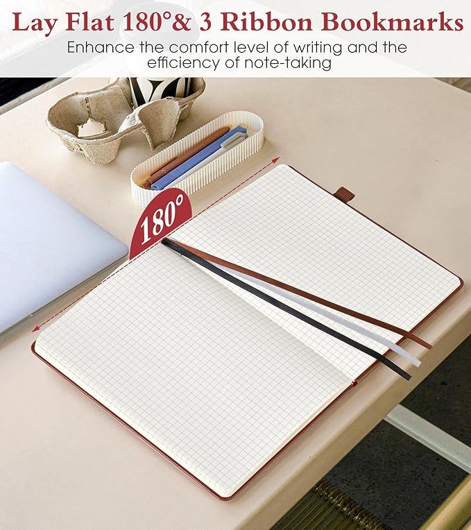 PAIBAS Graph Notebook for Women Men, 160 Pages Grid Paper, Graphing Notebooks for School, Work, Quad Ruled, Inner Pocket, A5 Hardcover Vintage Leather Journals for Writing, 5.8"x8.5" (Brown)