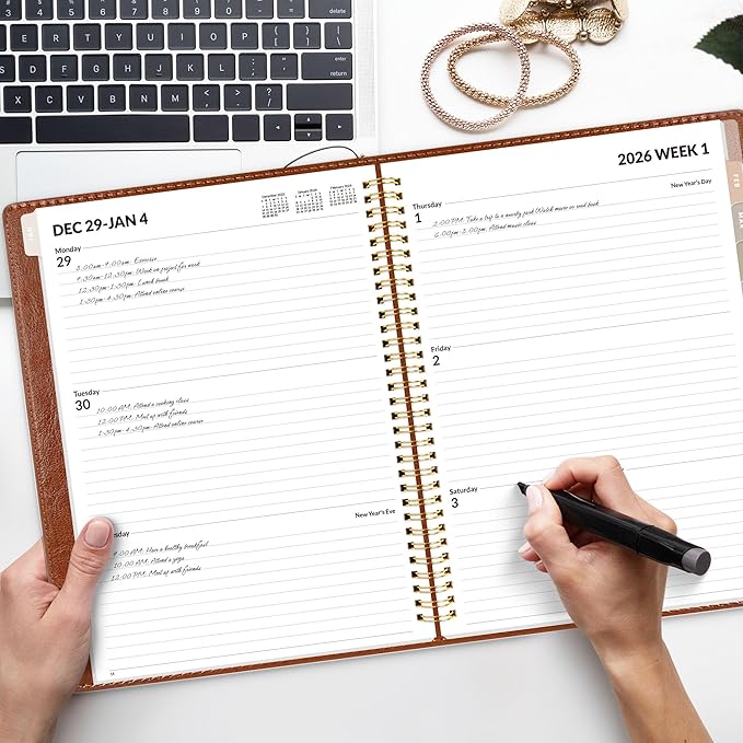 SUNEE 2026 Planner, Weekly and Monthly Calendar Planner 9"x11.2"- 12 Month (January 2026 - December 2026), Vegan Leather Cover, Pocket, Bookmark, Notes, Monthly Tab, Brown