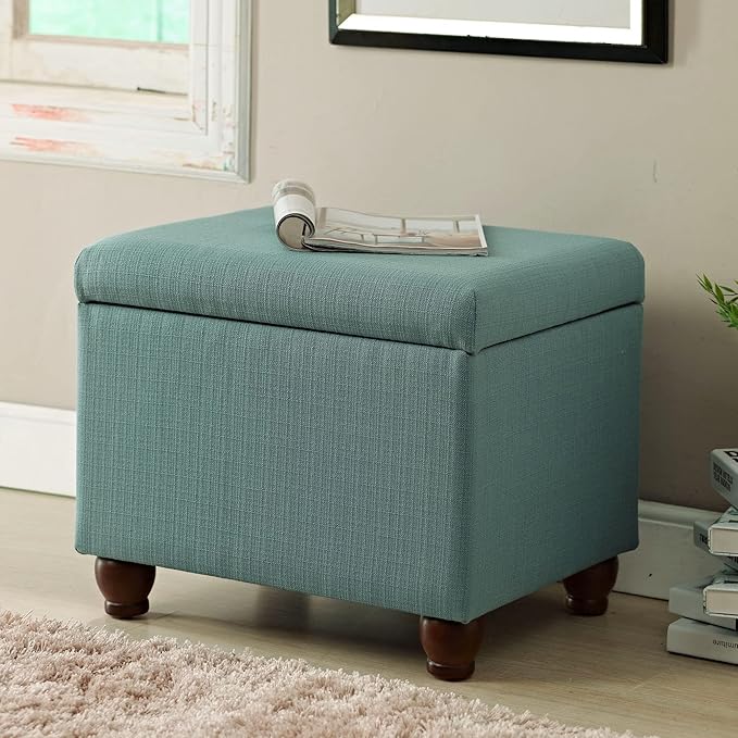 Spatial Order Home Decor | Upholstered MediumRectangular Storage Ottoman | Hinged Lid Ottoman with Storage for Living Room & Bedroom, Aqua Linen