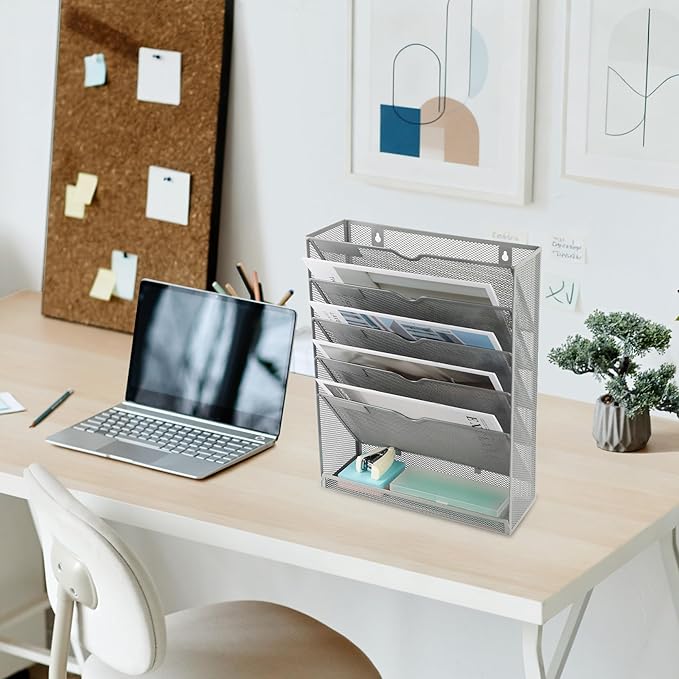 EASEPRES 6 Tier Mesh Hanging Wall File Organizer, Desk Vertical Mail Paper Document Folder Holder Rack with Bottom Tray and Nametag Label for Office Home School, Gray