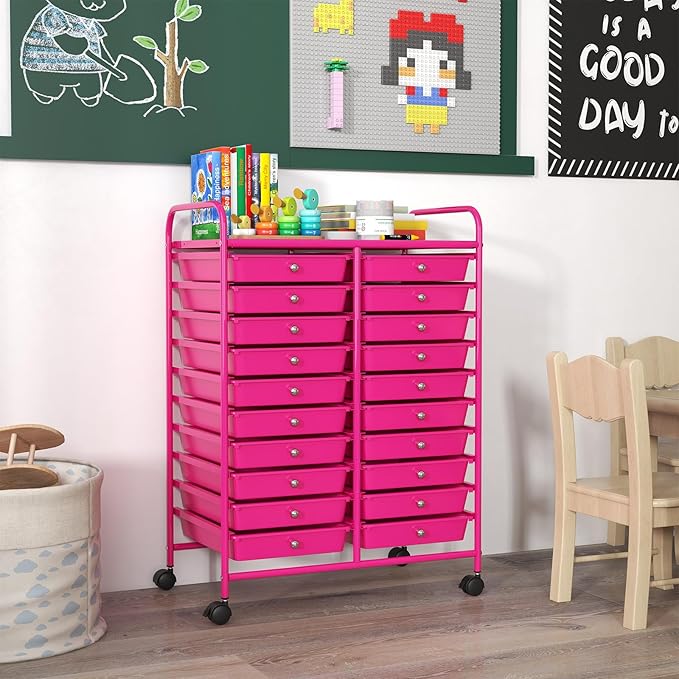 Happygrill 20-Drawer Organizer Cart Tools, Mobile Utility Storage Cart with Removable Drawers & Lockable Wheels, Rolling Storage Cart with wheels for Home Office School (Hot Pink)