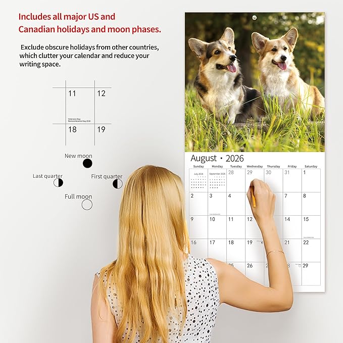 2026 Wall Calendar,Calendar 2026, November 2025 - December 2026, Wall Calendar Corgis, 12" x 24" Opened,Full Page Months Thick & Sturdy Paper for Gift Perfect Calendar Organizing & Planning