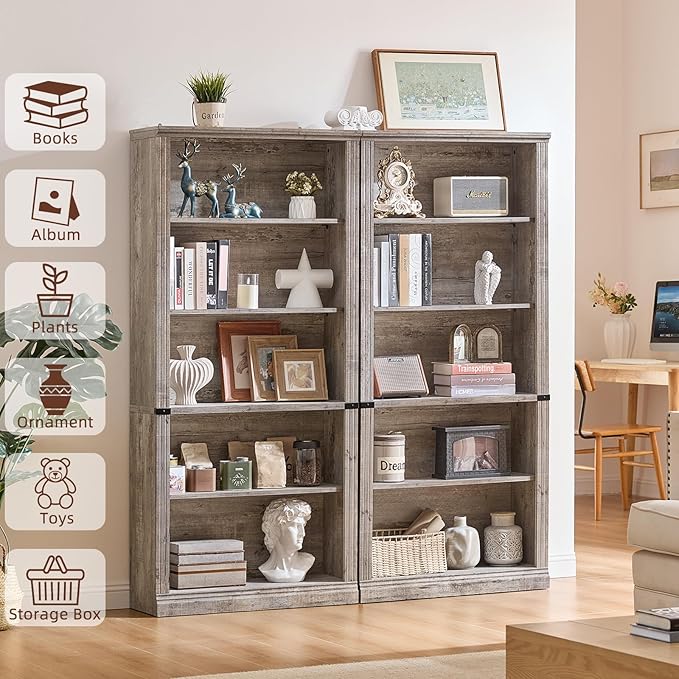 RWYHG 70" Grey Tall Bookshelf Set of 2,5-Tier Thick Wooden Book Shelf with Adjustable Shelves,Free Standing Farmhouse Bookcase with Open Display Storage,Floor Vintage Bookshelves for Living Room