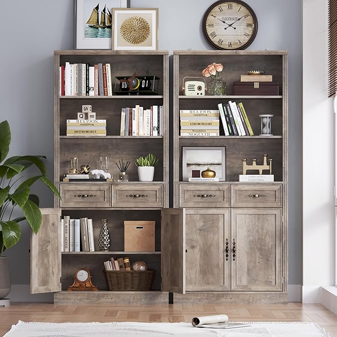 BORNOON 71.4" Tall Bookshelf with Drawers & Cabinet, 5-Tier Floor Standing Bookcase with Storage Doors, Adjustable Shelves & Metal Handles, 31.5" Wide Organizer for Home Office, Living Room