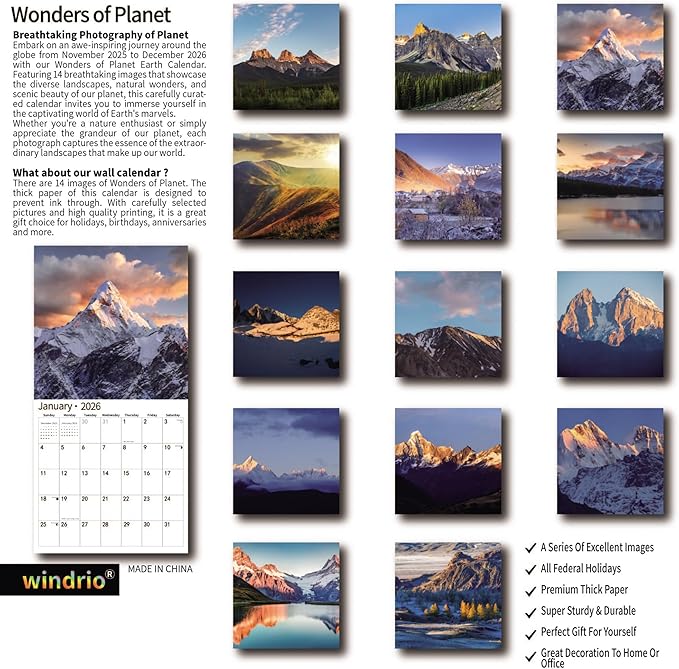 2026 Wall Calendar,Calendar 2026, November 2025 - December 2026, Wall Calendar Wonders of Planet, 12" x 24" Opened,Full Page Months Thick & Sturdy Paper for Gift Perfect Calendar Organizing & Planning