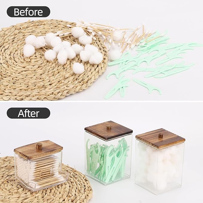 Tbestmax Bathroom Organizer Accessories Set-12/7 oz Qtips Holder Storage, Clear Cotton Ball/Swabs Dispenser, Plastic Square Apothecary Jars with Brown Wood Lids