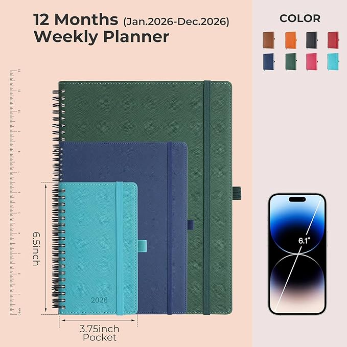IN-LUXPRO Planner 2026 Daily Weekly and Monthly,6.5"x3.75",12 Months Spiral Bound Calendar Agenda with Self-adhesive Pen Holder,2026 Appointment Book with Vegan Leather Soft Cover,Blue